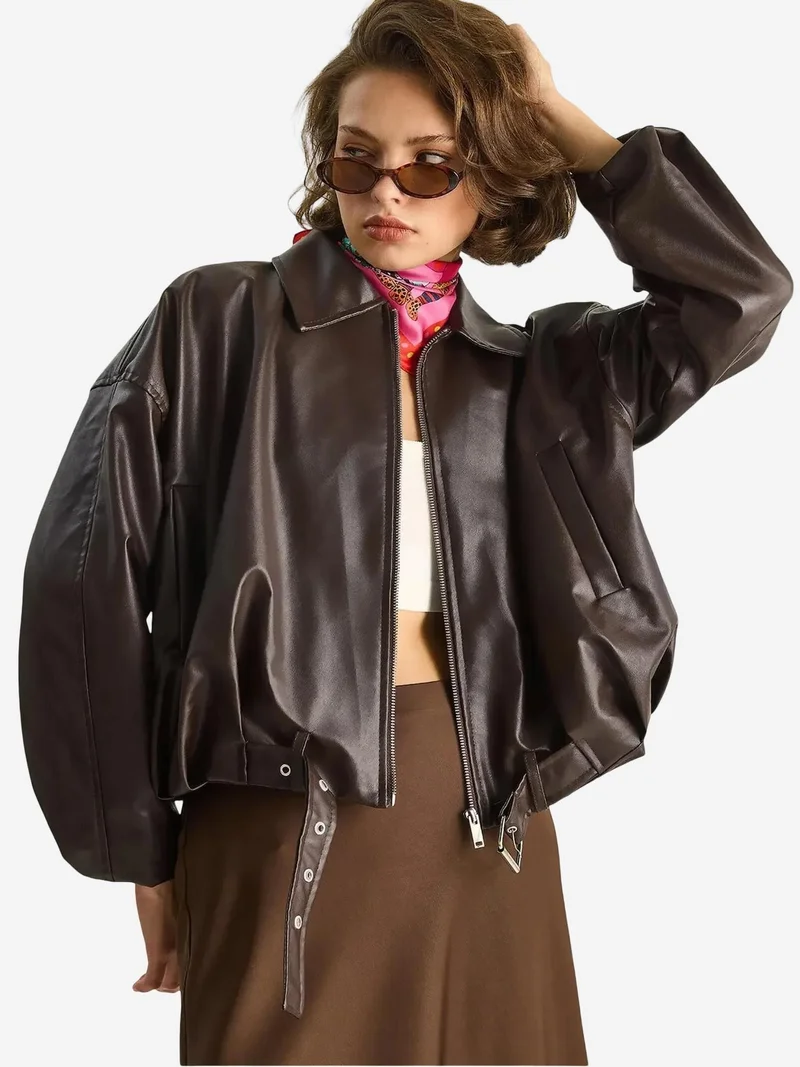 Bianco Lucci Coffee Brown LUCCI Faux Leather Bomber Jacket with Zipper Closure for Women | Best Price UAE