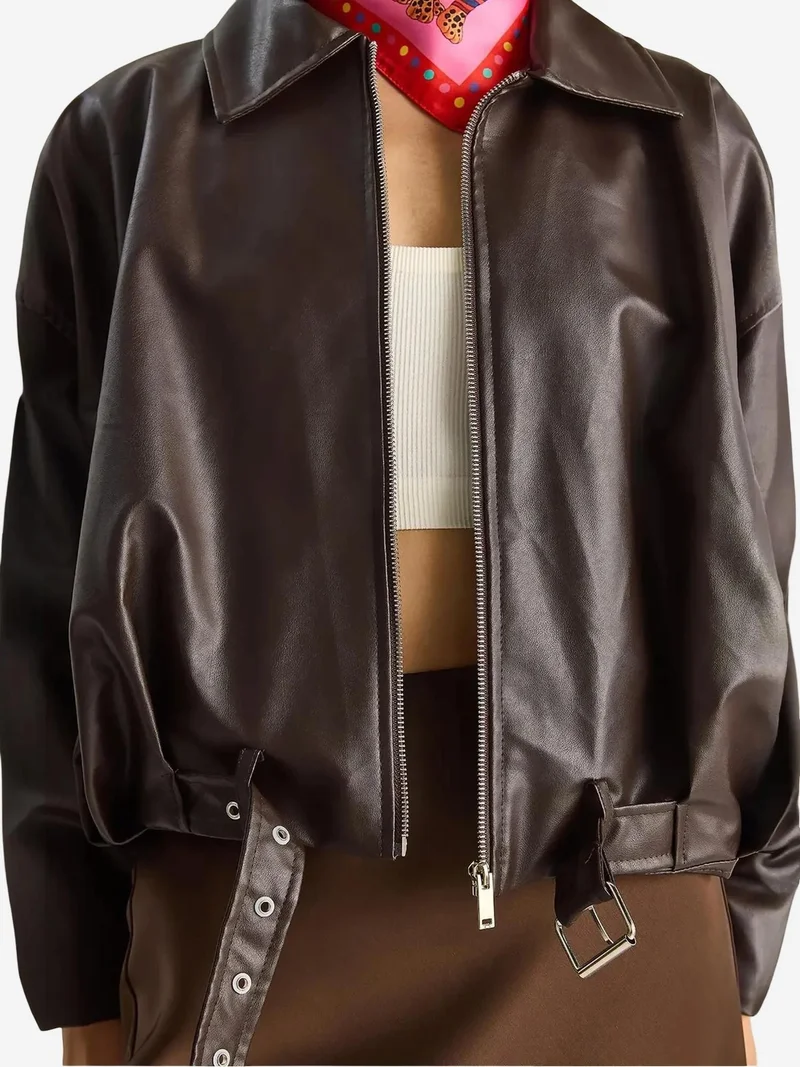 Bianco Lucci Coffee Brown LUCCI Faux Leather Bomber Jacket with Zipper Closure for Women | Best Price UAE