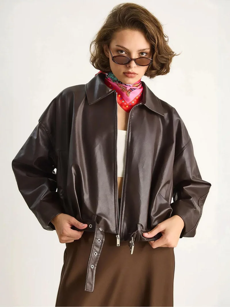 Bianco Lucci Coffee Brown LUCCI Faux Leather Bomber Jacket with Zipper Closure for Women | Best Price UAE