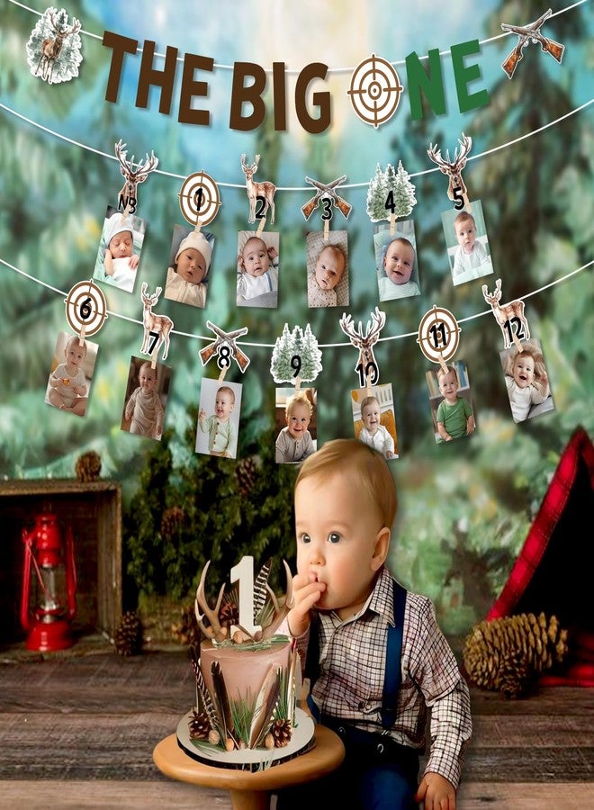 Fangleland The Big One 1st Birthday Banner Decoration, Gone Hunting Themed Monthly Photo Banner Pink Party Supply for Boys - Image 2