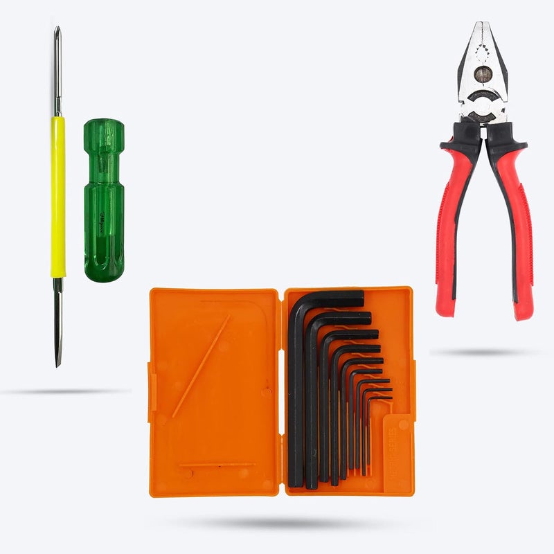 Hillgrove HGCM338M1 9 Pieces Full Hex Allen Key Kit with 8Inchl Plier and 2in1 Screwdriver Bolt Spanner Goti Wrench L Shape Repair Tool Set for BikeBicycleCycleGuitar Allen Key Set