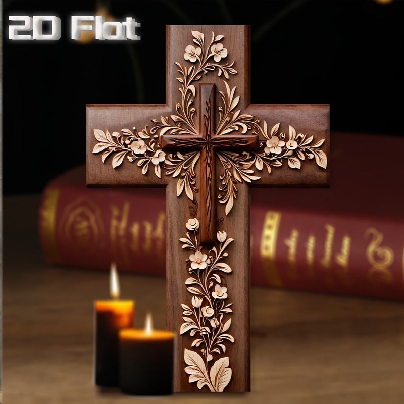 Vintage 2D Wooden Christian Cross 8x12 Inch Wall Hanging Religious Home Decor - Image 3