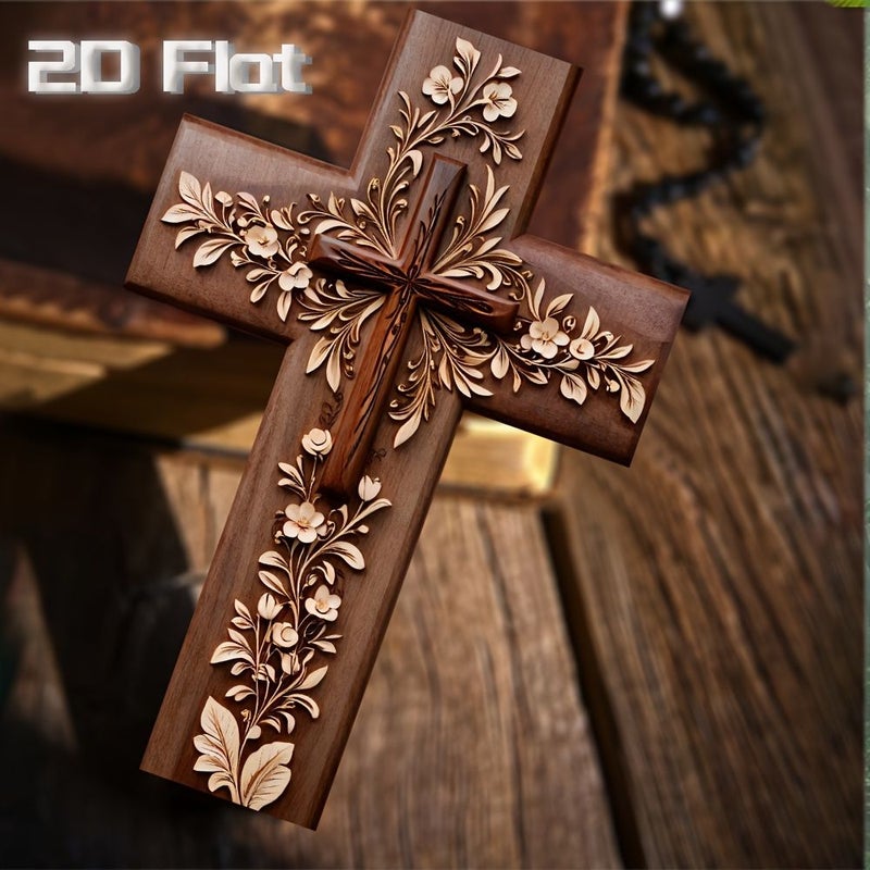 Vintage 2D Wooden Christian Cross 8x12 Inch Wall Hanging Religious Home Decor - Image 2