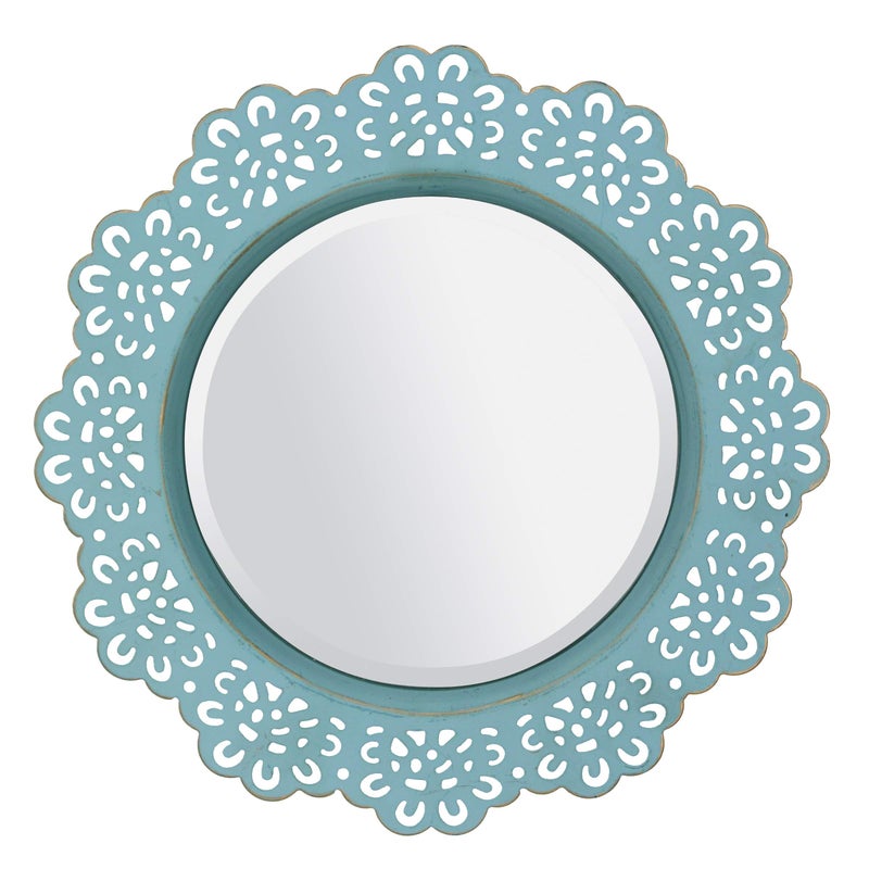 Stonebriar Round Decorative Metal Lace Hanging Wall Mirror with Attached Hanger Blue with Brass Highlights - Image 1