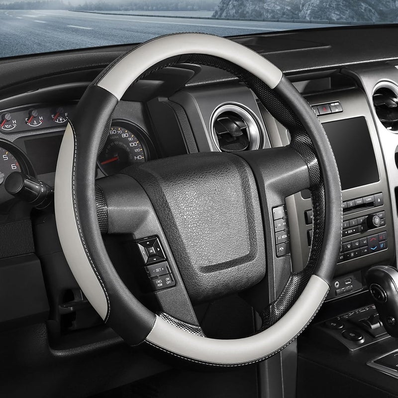 سيج دايركت غطاء عجلة القيادة من كبير الحجم لسيارات F150 F250 F350 Ram 4Runner Tacoma Tundra Range Rover Model S X بقطر خارجي 15.5 - 16 بوصة، جلد ميكروفايبر رمادي - Image 1