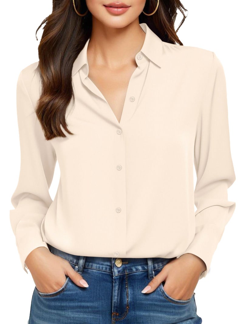 COUXILY Beige Dress Shirts for Women Button Down Up Long Sleeve Collar Fitted Top Business Collared Slim Fit Work Silk Shirt Wrinkle Free Blouses Solid Casual Outfits Blouse Cream Size M - Image 1