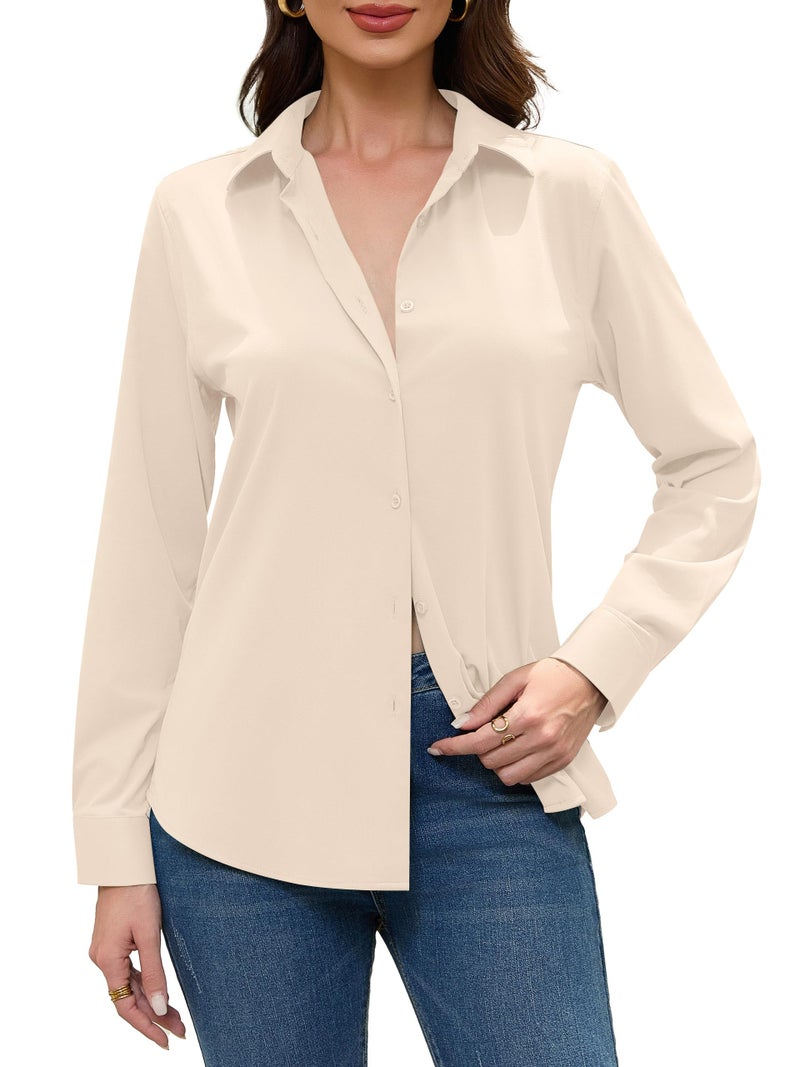 COUXILY Beige Dress Shirts for Women Button Down Up Long Sleeve Collar Fitted Top Business Collared Slim Fit Work Silk Shirt Wrinkle Free Blouses Solid Casual Outfits Blouse Cream Size M - Image 4