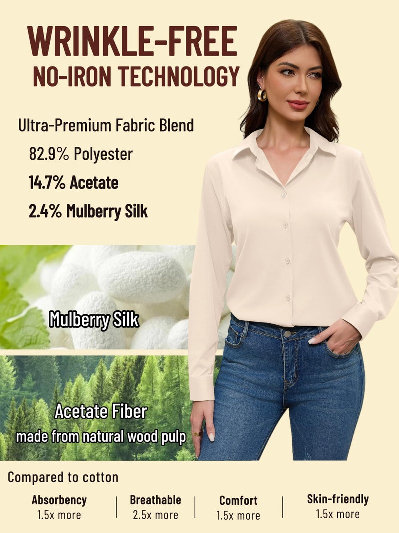 COUXILY Beige Dress Shirts for Women Button Down Up Long Sleeve Collar Fitted Top Business Collared Slim Fit Work Silk Shirt Wrinkle Free Blouses Solid Casual Outfits Blouse Cream Size M - Image 3