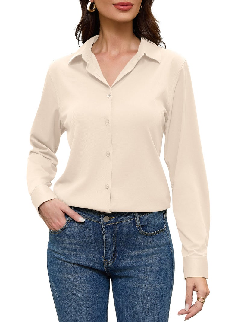 COUXILY Beige Dress Shirts for Women Button Down Up Long Sleeve Collar Fitted Top Business Collared Slim Fit Work Silk Shirt Wrinkle Free Blouses Solid Casual Outfits Blouse Cream Size M - Image 2