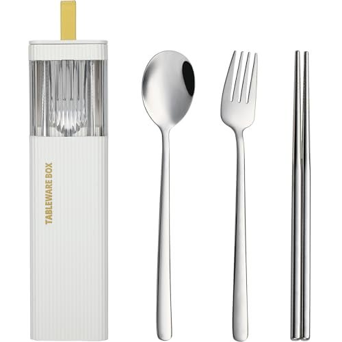 DEVICO Travel Utensils with Case, Stainless Steel Reusable Camping Silverware Set for Lunch Box, Portable Cutlery Kit Includes Fork, Spoon, Chopsticks (White) - Image 1