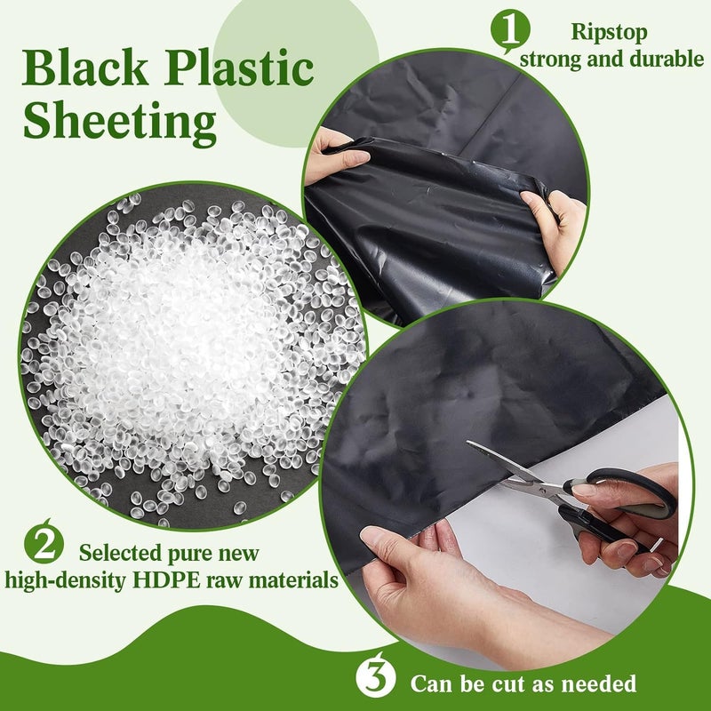 KAHEIGN 2m x 10m Black Polythene Sheeting, 2mil Thick Garden Grow Polytunnel Cover Polythene Horticultural Membrane for Gardening Insulation & Building Rubble Protection (125Mu /500G) - Image 2