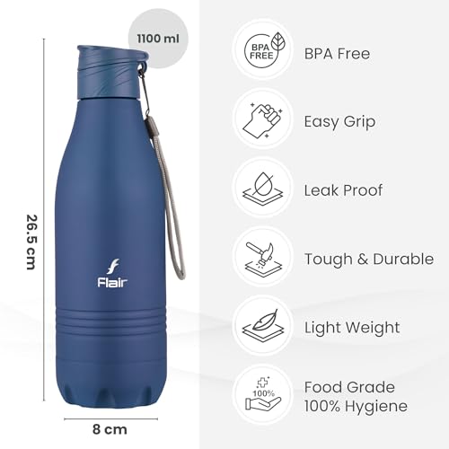 FLAIR Champ DX 1100 ml Stainless Steel Water Bottle - Black | BIS Certified & ISI Marked | SS 304 Food Grade | Fridge Bottle, Durable & Reusable Bottle for Office, Gym & Travel - Image 2