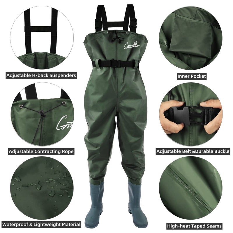 GREENWATER Fishing Chest Waders for Men Women with Boots Waterproof 2ply Nylon PVC Lightweight Bootfoot Waders for Hunting (Green, M9/W11) - Image 2