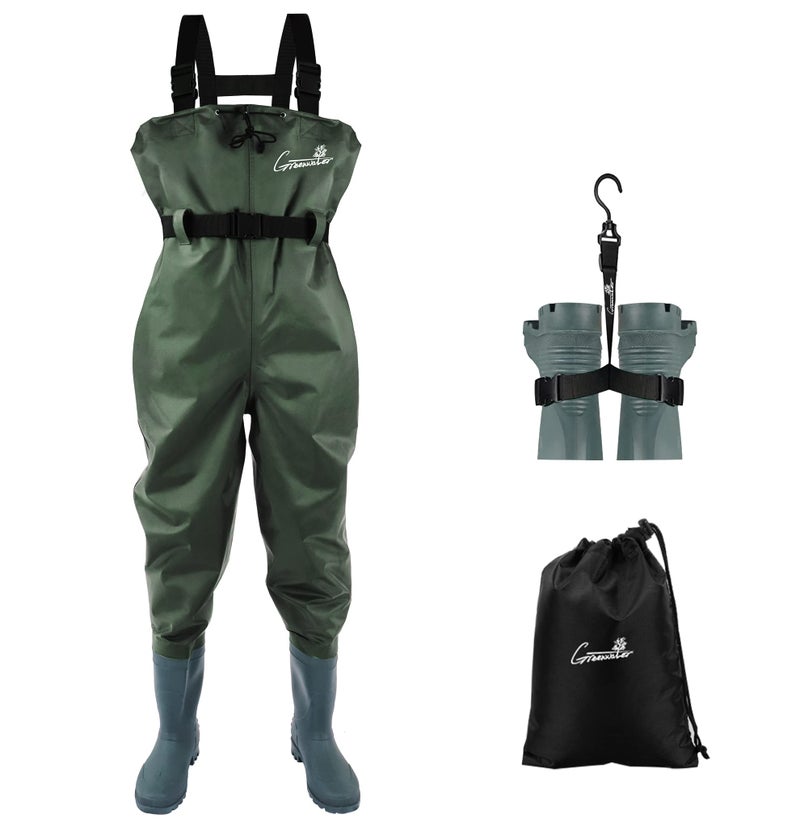 GREENWATER Fishing Chest Waders for Men Women with Boots Waterproof 2ply Nylon PVC Lightweight Bootfoot Waders for Hunting (Green, M9/W11) - Image 1