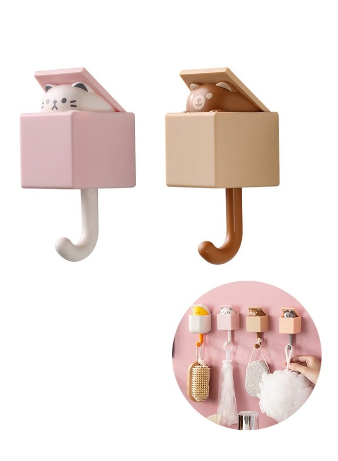 Loquat 2 Pcs Creative Cartoon Strength Hanging Adhesive Coat Hooks, Cute Bear and the Cat Decoration ABS Waterproof Material Hooks, Bearing Capacity 2.5kg Wall Hooks (Brown+Pink)  - Image 1