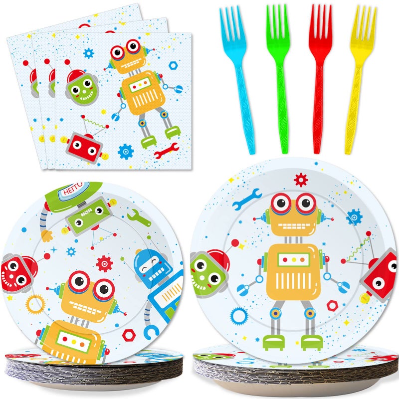 Wiooffen 96pcs Robot Birthday Party Decorations Supplies Paper Plates Napkins Disposable Cake Dessert Tableware Set Robots Theme Baby Shower Favors For Boys Kids Serve 24