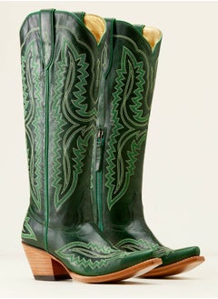 Loquat Cowboy Boots For Women Western Embroidered Cowgirl Boots Chunky Heel Wide Tube Boots Pull on Pointy Toe Vintage Boots Dark Green 