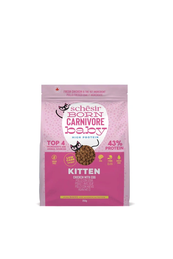 Schesir Born Carnivore Kitten Dry Food – Chicken & Egg – 255g – High Protein, Grain Free, Oven Baked, DHA for Development, Omega 3 & 6 for Skin & Coat, Low Carb, Made in Canada - Image 1