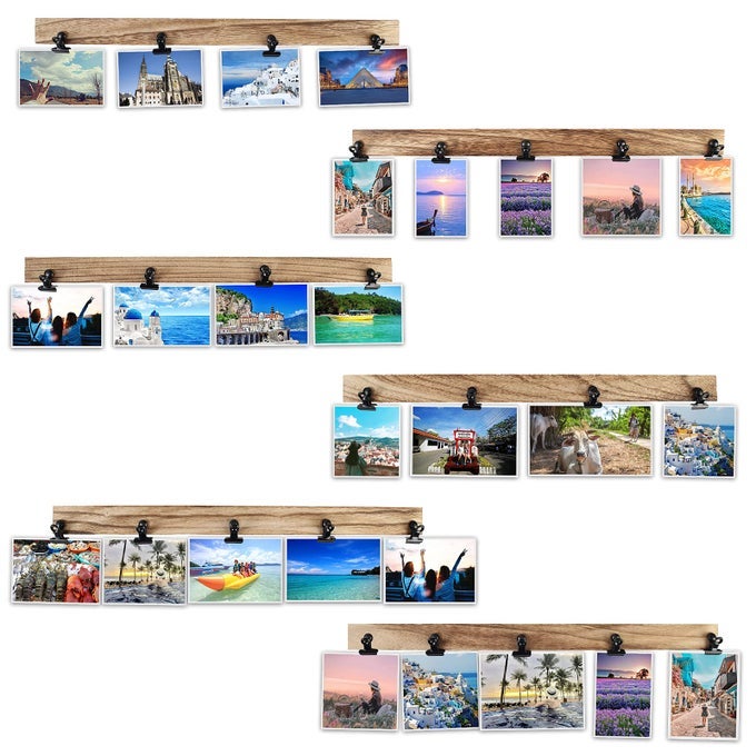 6 WOODEN WALL HANGING PHOTO FRAMES WITH 27 CLIPS DECORATIVE COLLAGE PICTURE FRAME NO DRILLING REQUIRED ADHESIVE STICKERS EASY TO INSTALL CARBONIZED BROWN