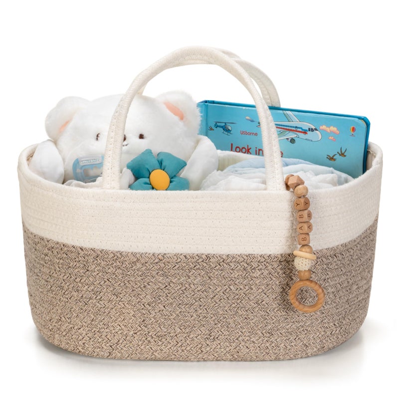 Kodomoore Diaper Caddy Organizer Empty Gift Basket for Newborn Essentials Baby Storage Basket Stylish Gift Bag for Baby Shower Boys and Girls Large WhiteBeige Brown - Image 2
