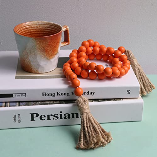 Meplait 39in Wood Bead Garland Farmhouse with Tassels,Versatile Prayer Beads Boho Chic Wall Hanging Home Decor (Orange) - Image 2