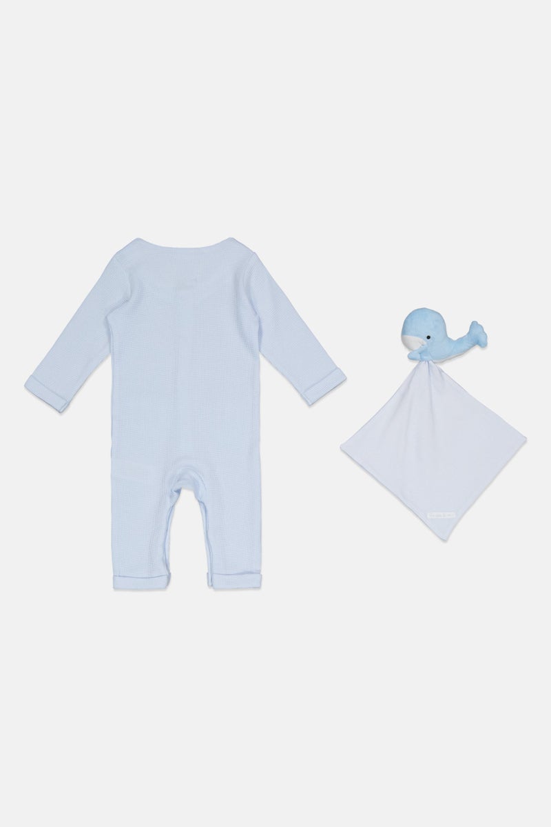 Rock-A-Bye Baby Boutique Toddlers Boy 2 Pieces Textured Romper With Whale Comforter, Light Blue - Image 2