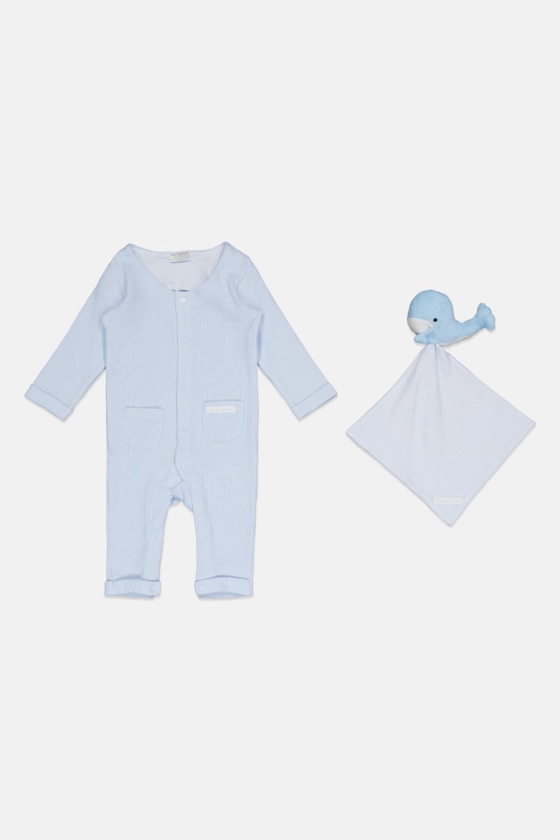 Rock-A-Bye Baby Boutique Toddlers Boy 2 Pieces Textured Romper With Whale Comforter, Light Blue - Image 1