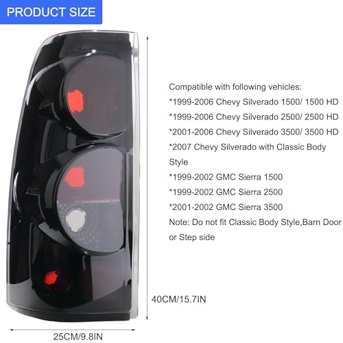 MOCW Tail Light Compatible With 1999-2006 Chevy Silverado 1500 2500 3500 2007 Classic,1999-2002 GMC Sierra 1500 2500 3500 Taillight Housing Replacement Left Driver & Right Passenger Side, Black/Smoke - Image 2