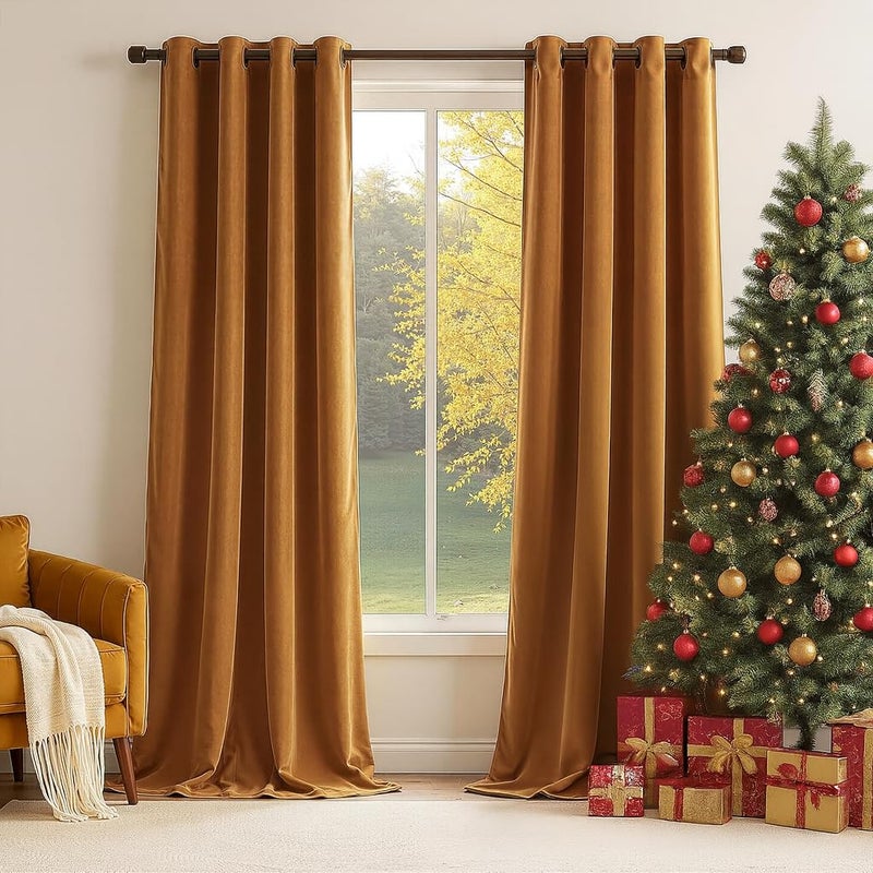 Topfinel Velvet Blackout Curtains Gold Brown Room Darkening Soundproof Insulated Curtains 84 Inch Long,Mordern Luxury Drapes for Living Room,Thick Grommet Drapes 2 Panels Christmas Winter Decor - Image 1