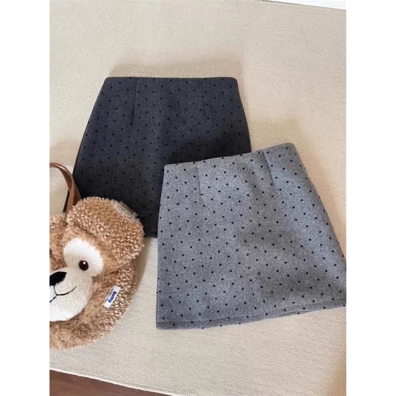 Gray polka dot skirt women's plus size spring and autumn woolen skirt pants hip-hugging A-line skirt miu miu skirt - Image 3