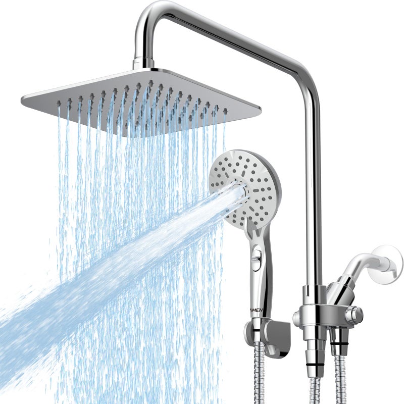 Ryamen 8" Dual Shower Head Combo, High Pressure Rainfall Shower Head with Handheld, 6 Spray Settings Angle Adjustable Handheld Shower Head with Pause, Height Adjustable, Chrome Silver - Image 1