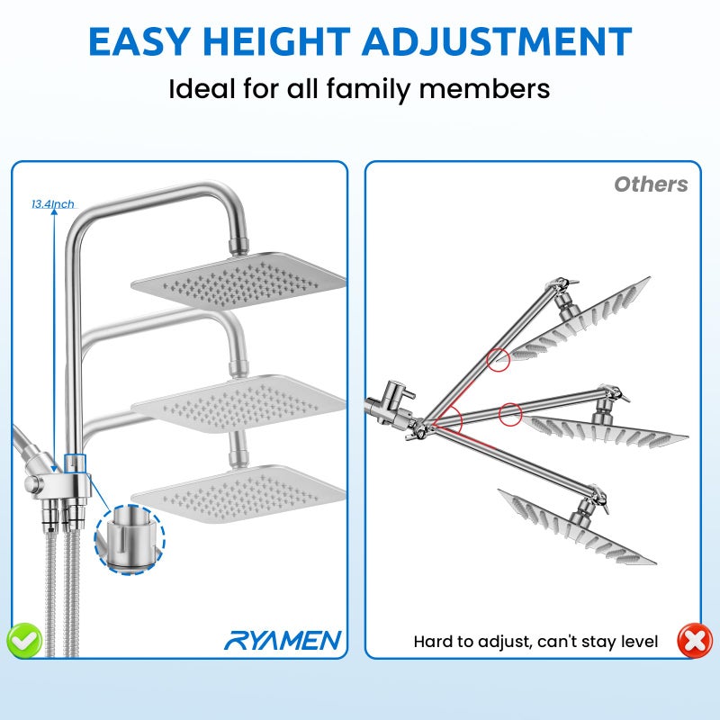 Ryamen 8" Dual Shower Head Combo, High Pressure Rainfall Shower Head with Handheld, 6 Spray Settings Angle Adjustable Handheld Shower Head with Pause, Height Adjustable, Chrome Silver - Image 2