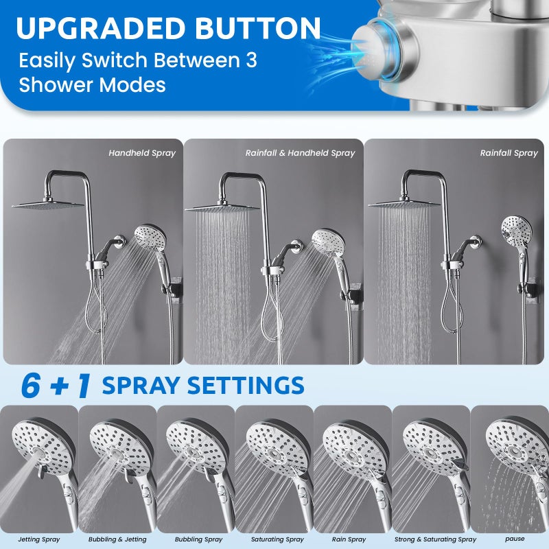 Ryamen 8" Dual Shower Head Combo, High Pressure Rainfall Shower Head with Handheld, 6 Spray Settings Angle Adjustable Handheld Shower Head with Pause, Height Adjustable, Chrome Silver - Image 3