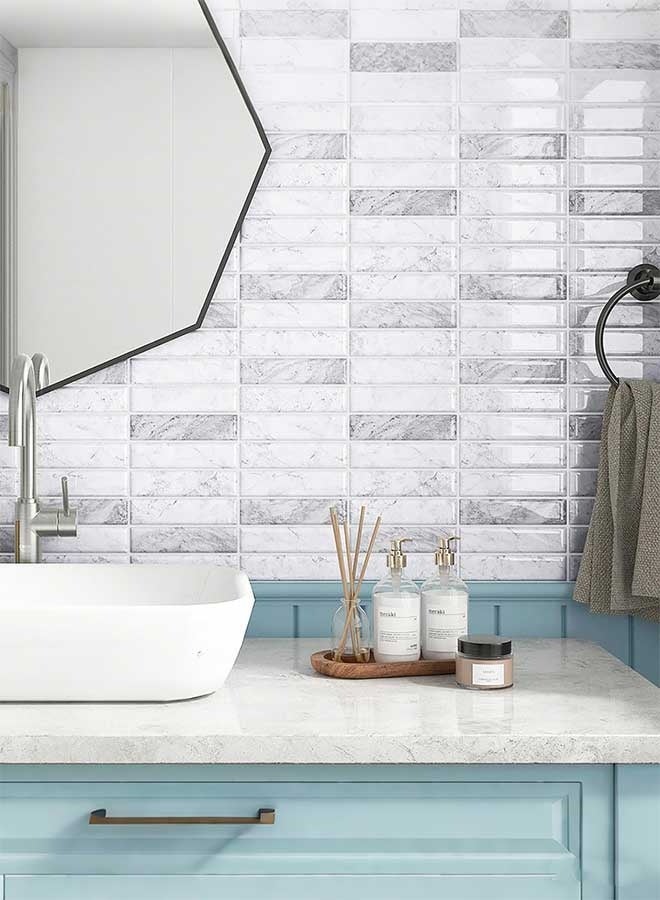 رَوَائِد بلاط خلفية للمطبخ قابل للتقشير واللصق، 5 صفائح ثلاثية الأبعاد ذاتية اللصق، بلاط لاصق للجدران في المطبخ والحمام، مقاس 23 × 29 سم - Image 3