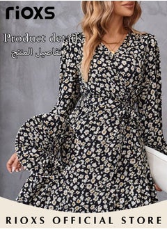 RIOXS Women's V Neck Long Sleeve Bohemia Dress Casual Mid Waist Printed Floral Ruffle Dress Slim Fit Irregular Hem Skirts Ladies Beach Vacation Dresses  - Image 5