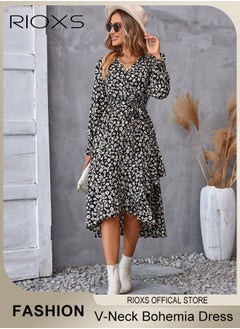 RIOXS Women's V Neck Long Sleeve Bohemia Dress Casual Mid Waist Printed Floral Ruffle Dress Slim Fit Irregular Hem Skirts Ladies Beach Vacation Dresses  - Image 1