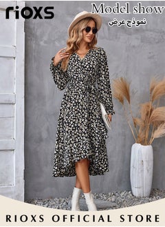 RIOXS Women's V Neck Long Sleeve Bohemia Dress Casual Mid Waist Printed Floral Ruffle Dress Slim Fit Irregular Hem Skirts Ladies Beach Vacation Dresses  - Image 4