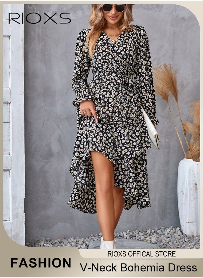 RIOXS - Women's V Neck Long Sleeve Bohemia Dress Casual Mid Waist Printed Floral Ruffle Dress Slim Fit Irregular Hem Skirts Ladies Beach Vacation Dresses - Image 1