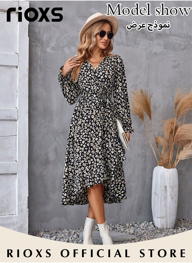 RIOXS - Women's V Neck Long Sleeve Bohemia Dress Casual Mid Waist Printed Floral Ruffle Dress Slim Fit Irregular Hem Skirts Ladies Beach Vacation Dresses - Image 1