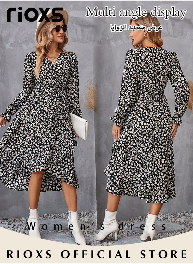 RIOXS - Women's V Neck Long Sleeve Bohemia Dress Casual Mid Waist Printed Floral Ruffle Dress Slim Fit Irregular Hem Skirts Ladies Beach Vacation Dresses - Image 1