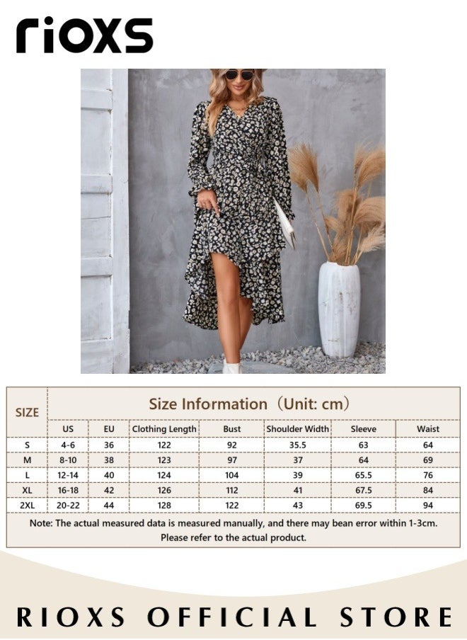 RIOXS - Women's V Neck Long Sleeve Bohemia Dress Casual Mid Waist Printed Floral Ruffle Dress Slim Fit Irregular Hem Skirts Ladies Beach Vacation Dresses - Image 1