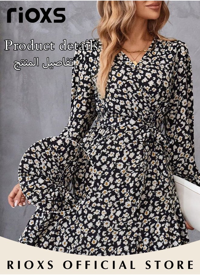 RIOXS - Women's V Neck Long Sleeve Bohemia Dress Casual Mid Waist Printed Floral Ruffle Dress Slim Fit Irregular Hem Skirts Ladies Beach Vacation Dresses - Image 1