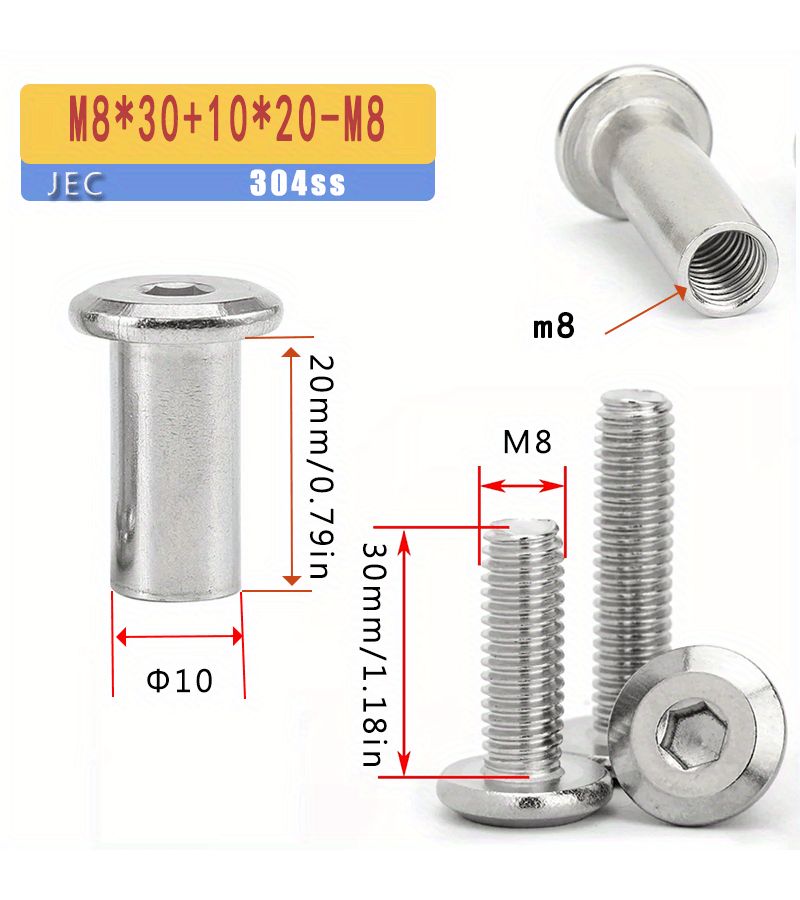 Stainless Steel M8 Hex Furniture Nuts 10 Pcs 30mm Screw Rivet Connector Insert Joint Sleeve - Image 2