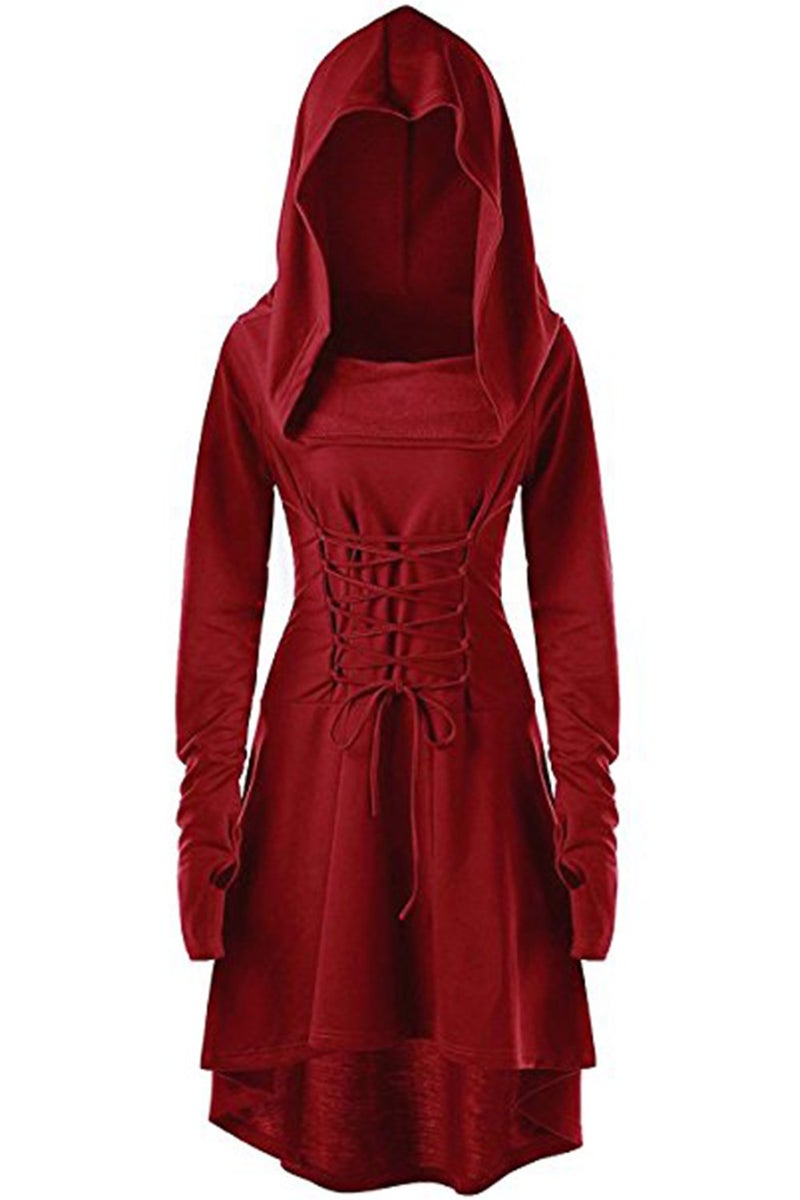 Pengfei Womens Renaissance Costumes Hooded Robe Lace Up Vintage Pullover High Low Long Hoodie Dress - Image 1