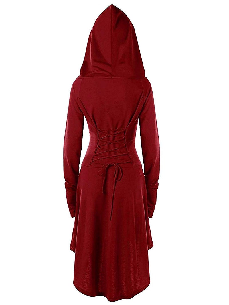 Pengfei Womens Renaissance Costumes Hooded Robe Lace Up Vintage Pullover High Low Long Hoodie Dress - Image 2