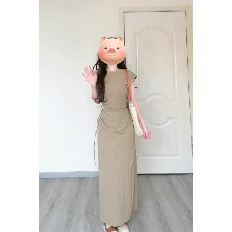 Casual Dress Set - Sleeveless Top with Tie Belt + Slim Skirt - Image 2