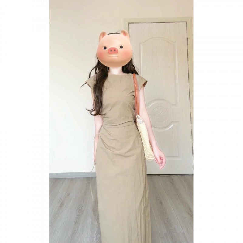 Casual Dress Set - Sleeveless Top with Tie Belt + Slim Skirt - Image 5