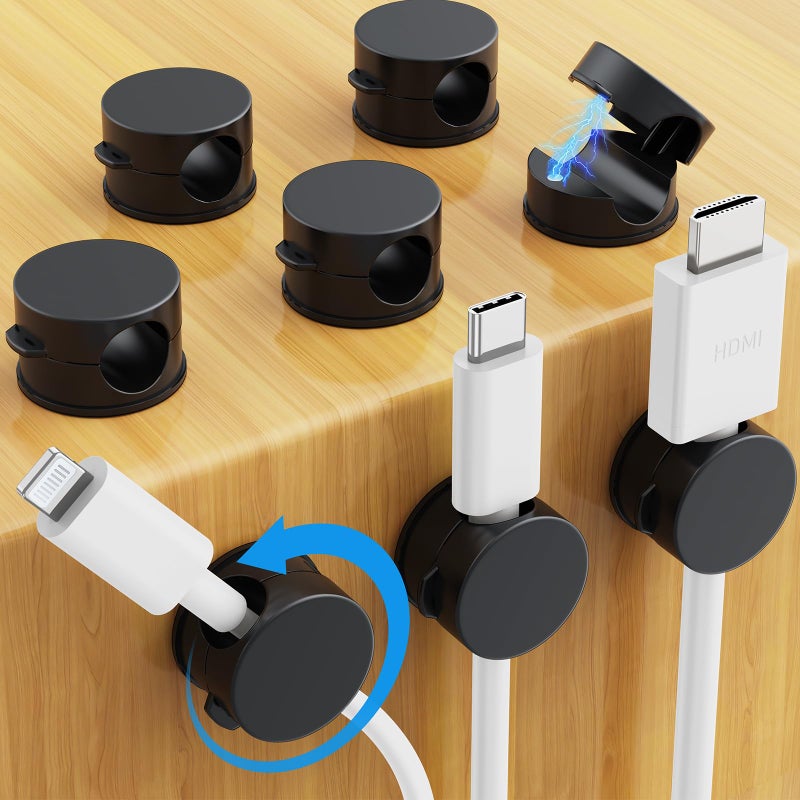 AGPTEK 8 Pack Magnetic Cable Clips, Upgraded 360Â° Rotatable Cord Holder Clips for Nightstand, Desk Cord Organizer Adhesive Wire Management Home Office Phone Charging Cords USB Cable Keeper (Black) - Image 1
