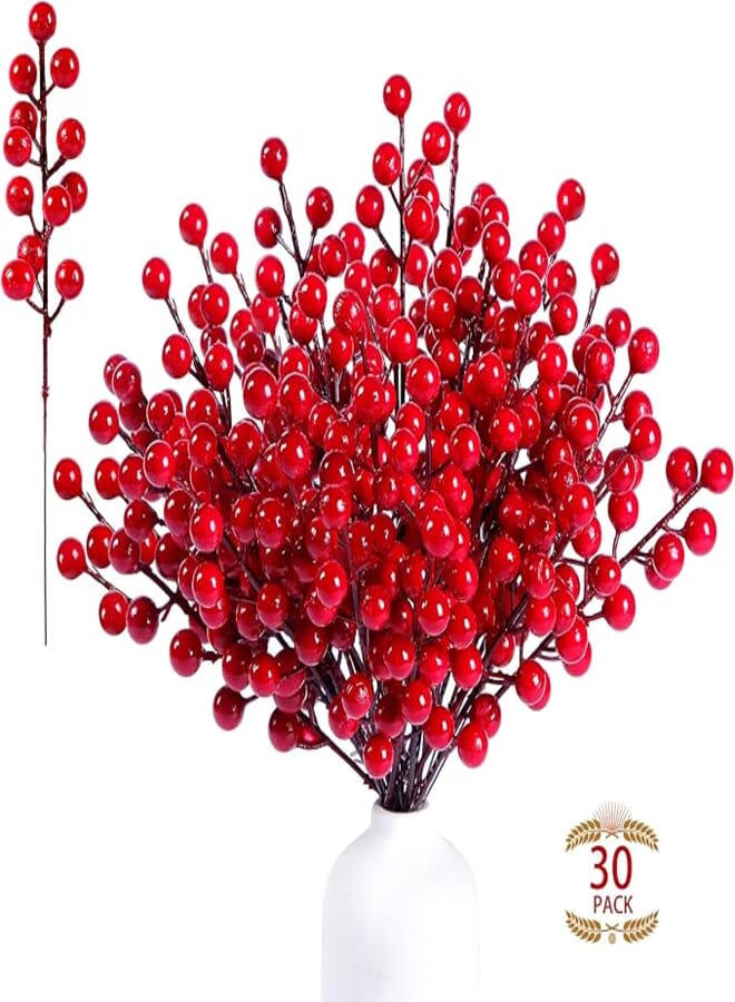 Sggvecsy 30 Pack Artificial Red Berry Stems 7.8inch Christmas Red Berry Picks Holly Berry Branches for Christmas Tree Decorations Holiday DIY Crafts Xmas Ornaments Wedding Home Decor