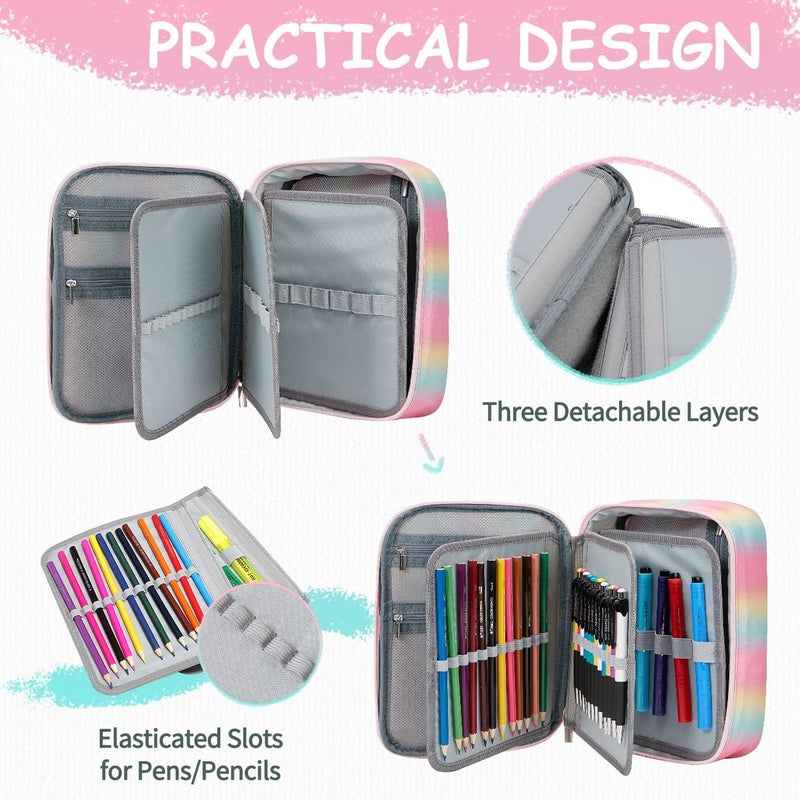 VASCHY Large Pencil Case Bag, Art Supply Marker Organizer Big Pen Pouch with Detachable Layers Slots Multiple Zipper Pockets for Kids Adults School Office Gilter Unicorn - Image 3